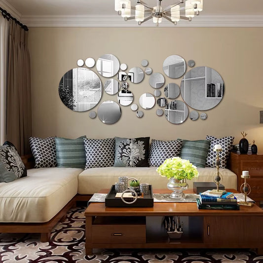 Set of 26 round, mirrored acrylic wall stickers.